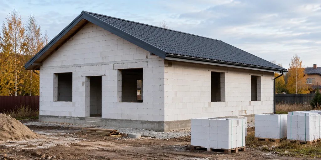 Одноэтажный дом из газобетона на этапе строительства
