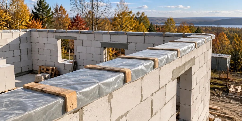 Временная защита верхнего ряда кладки из газобетона