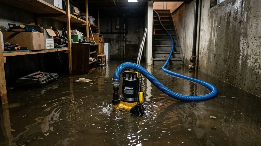 Откачка воды из затопленного помещения с помощью насоса