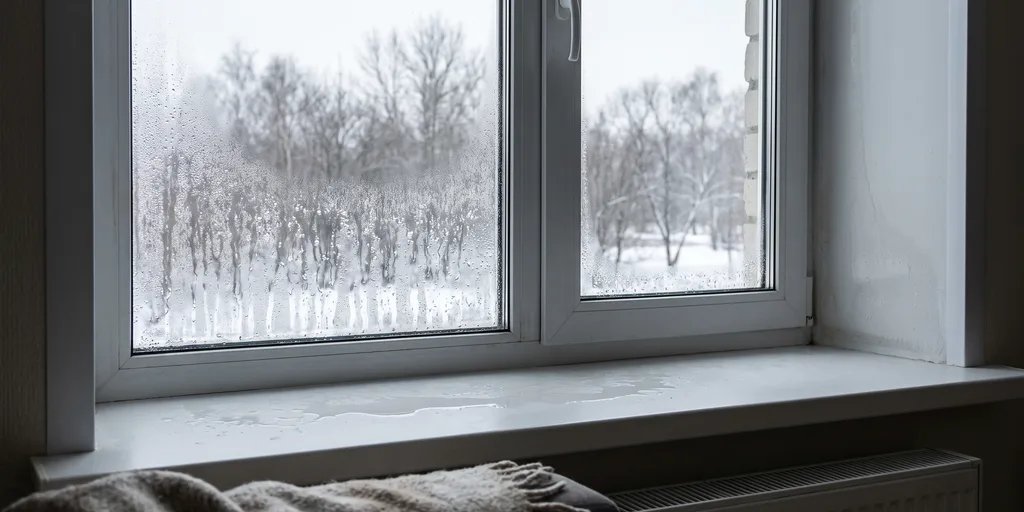 Конденсат на стекле пластикового окна и влажный откос