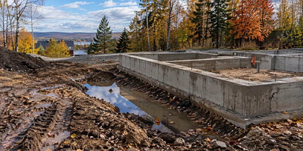 Дождевая вода возле незавершённого фундамента