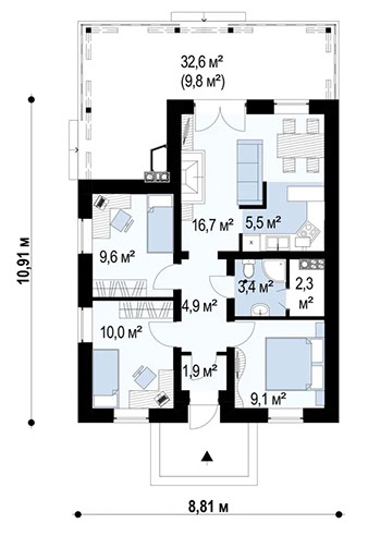 Планировка проекта «Дом 64» площадью 64 м²